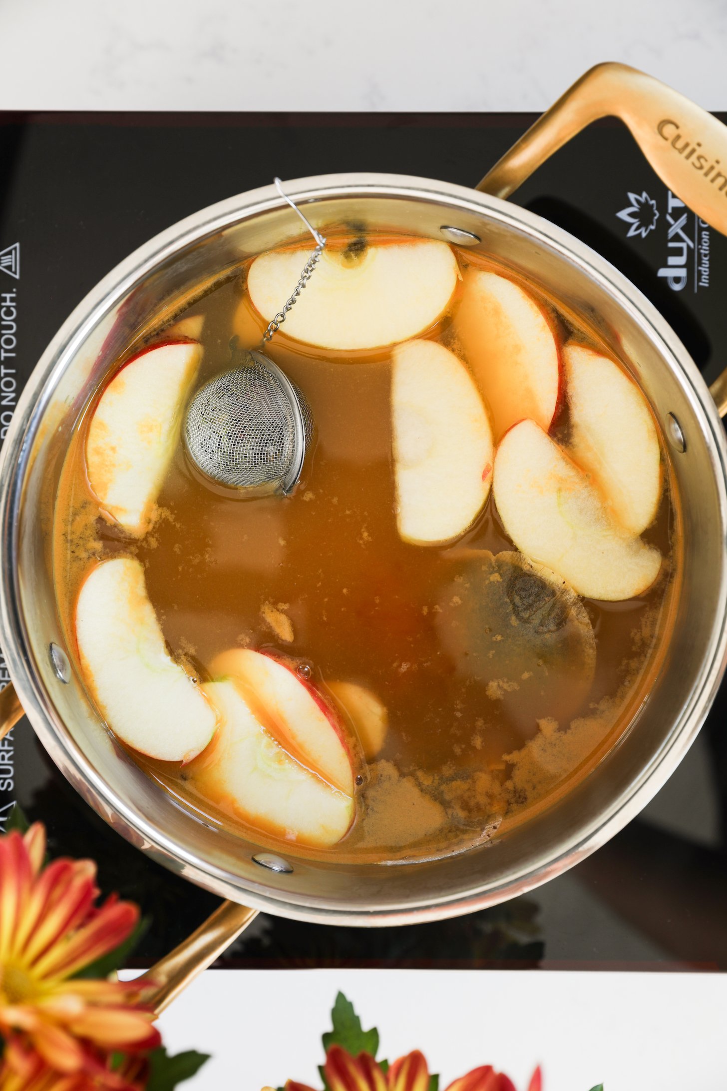 A cooking pot on a mobile cooktop holds apple cider, tea bags and apple slices, with a stainless steel spice infuser submerged.