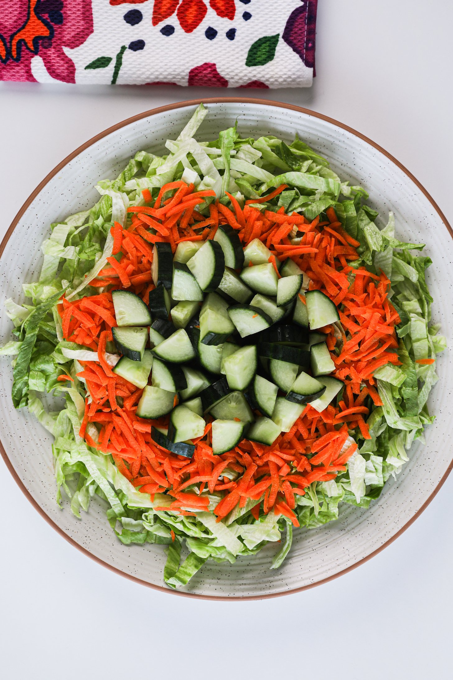Top-view of a vibrant salad plate, layered with crisp iceberg lettuce, grated carrot, and topped with cucumber cubes.