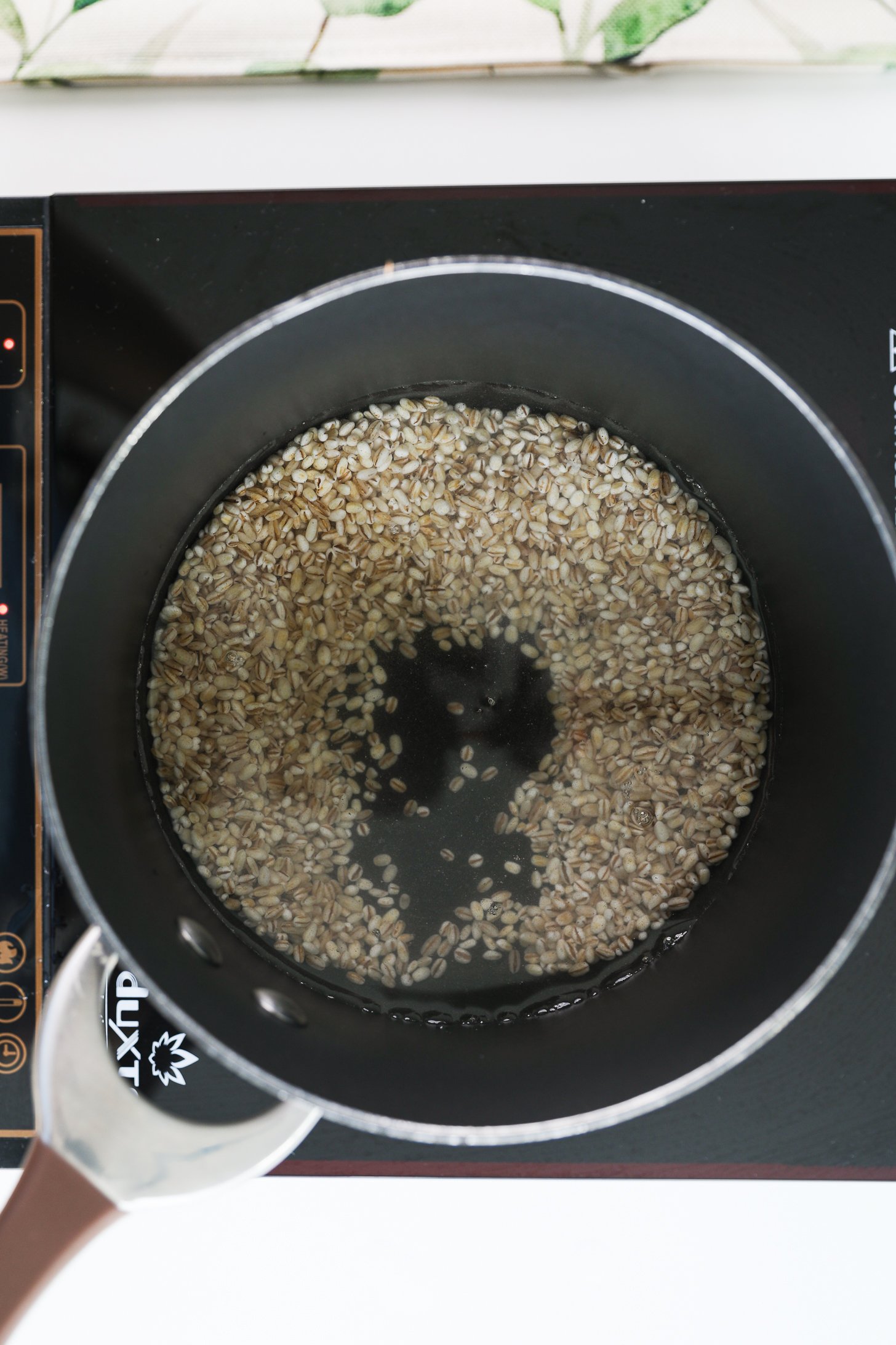Saucepan with barley submerged in water on a mobile cooktop.
