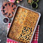 Sheet pan pancake with different toppings.