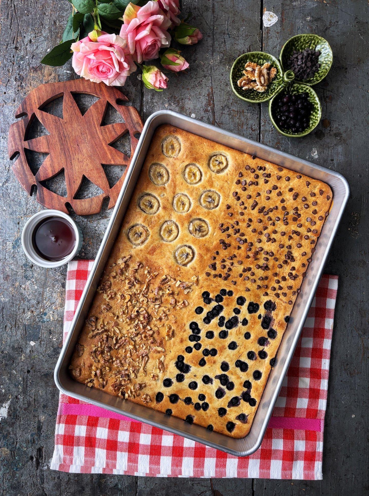 Sheet pan pancake with different toppings.